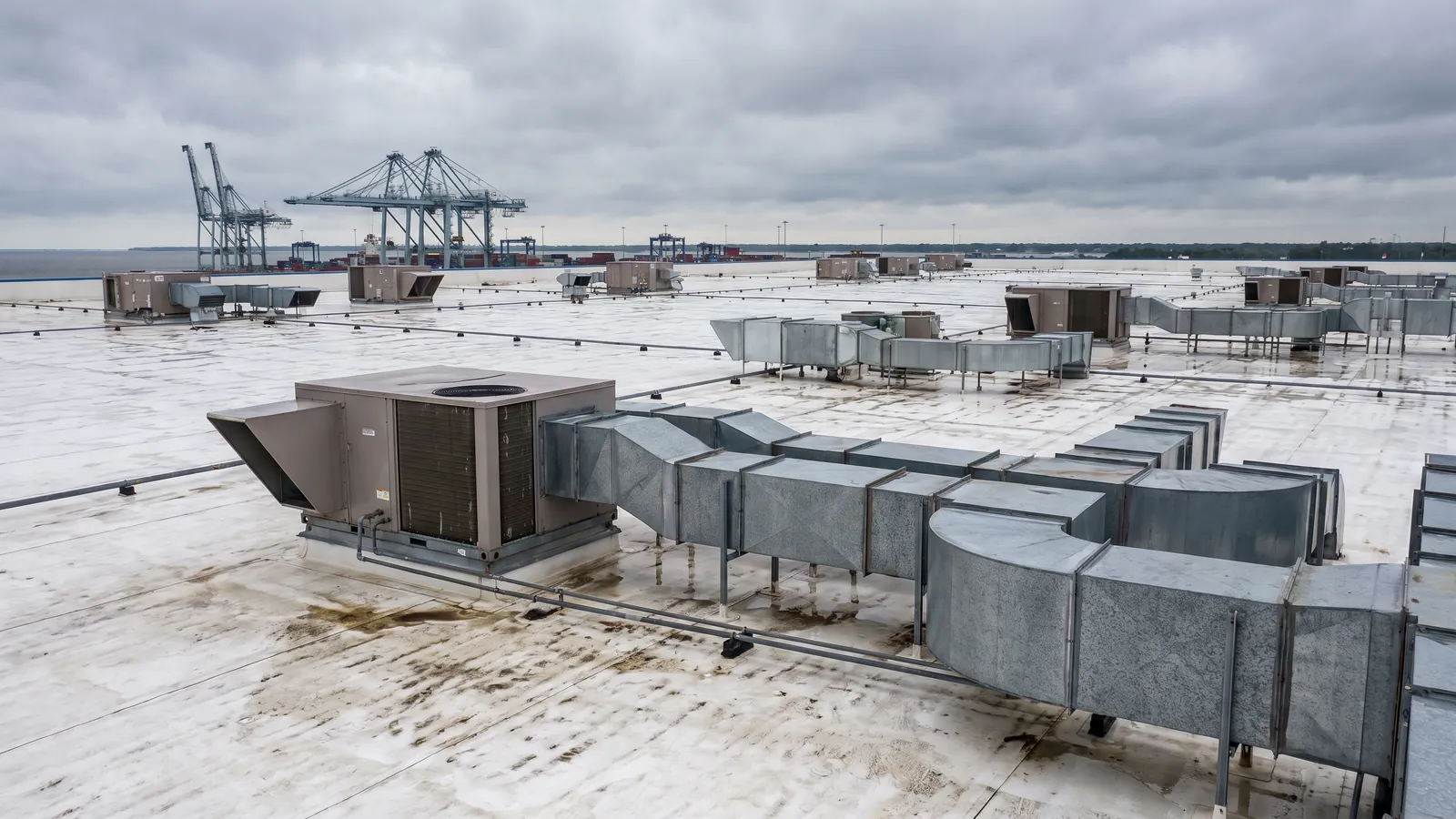 Wide white TPO membrane roof across a commercial warehouse near the Gulfport waterfront, rooftop units and ductwork under a heavy sky