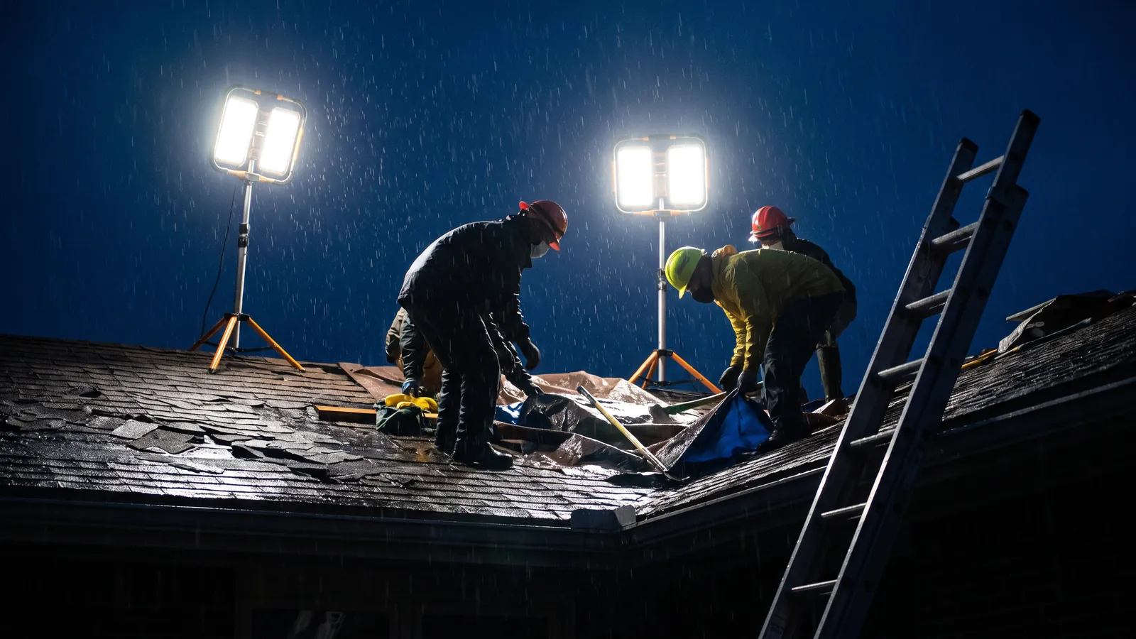 Roofers working under portable work lights on a storm-damaged roof at night, ladder against the eaves and rain still falling
