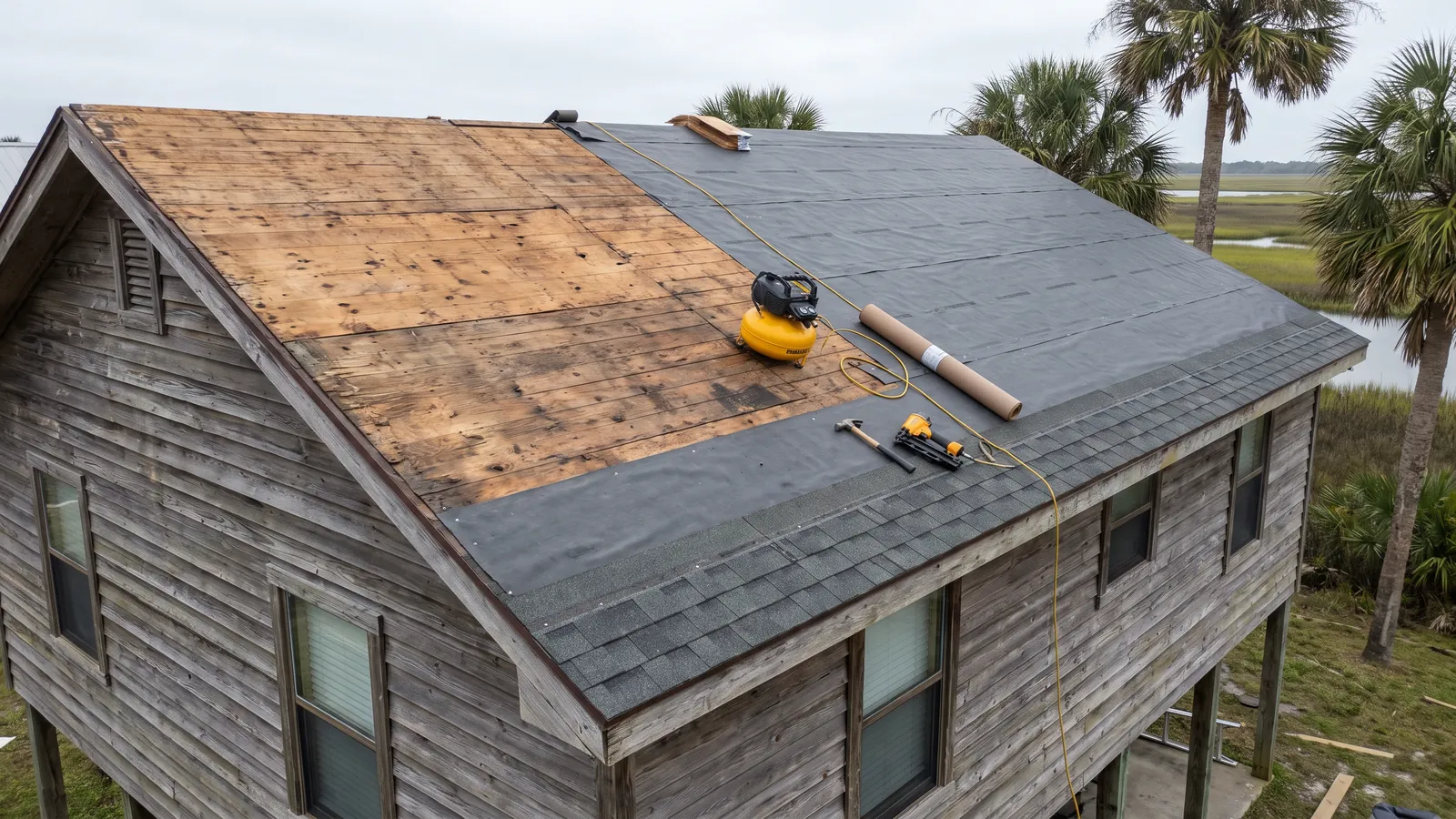 A roof mid-replacement on a Gulf Coast house, half stripped to bare decking with synthetic underlayment rolled out and new shingles starting at the eaves