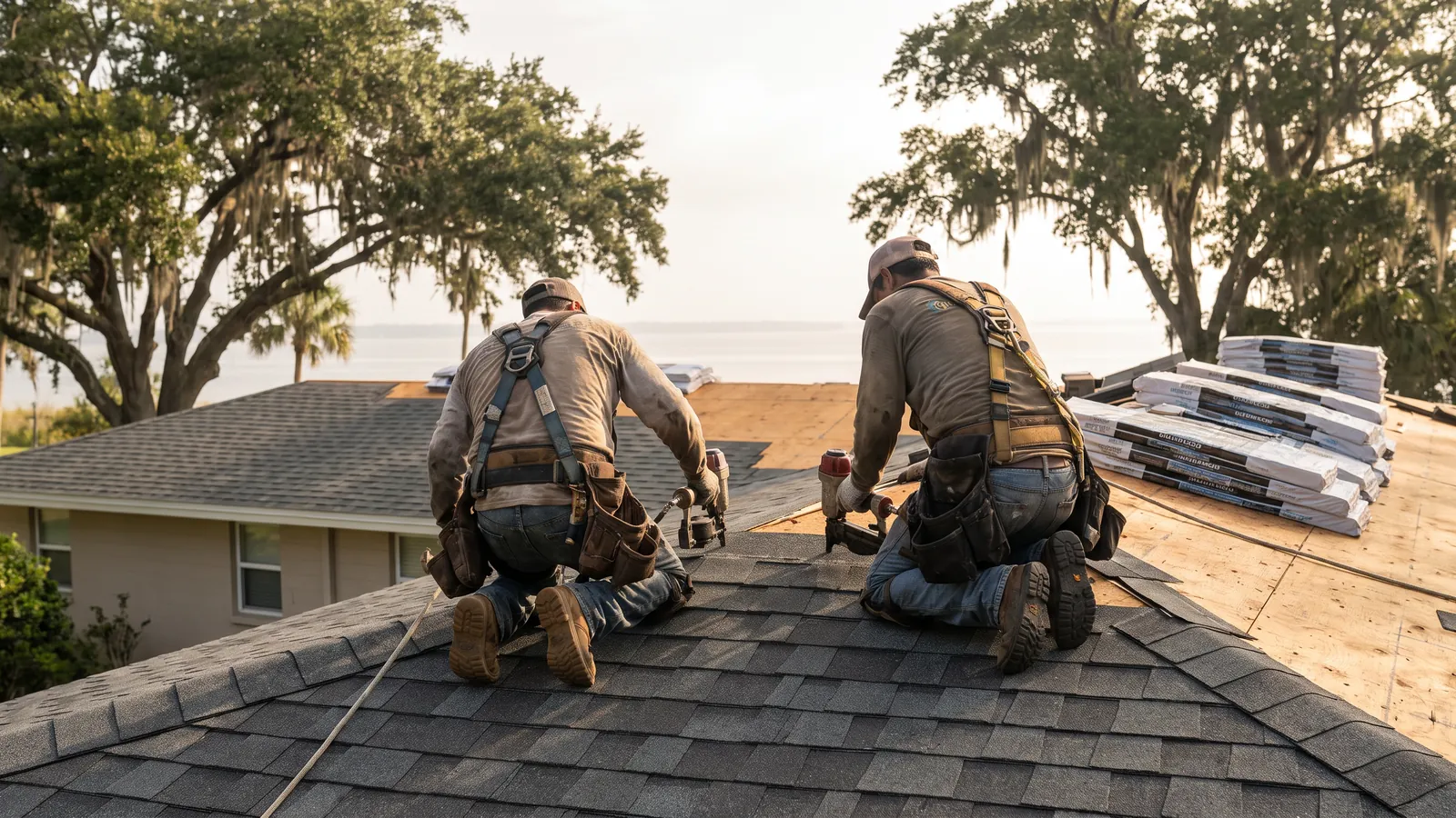 Two roofers seen from behind nailing architectural shingles across the slope of a single-storey Gulfport, Mississippi home on a bright humid morning, bundles of shingles stacked on the deck
