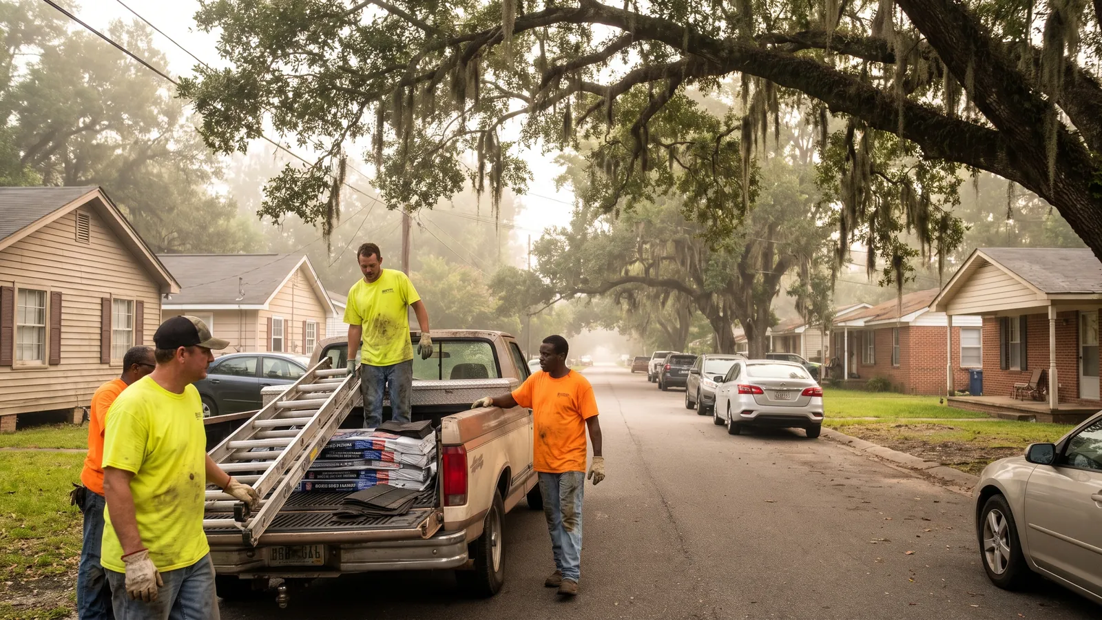 A roofing crew in high-visibility shirts unloading ladders and shingle bundles from a pickup truck on a residential street on the Mississippi coast