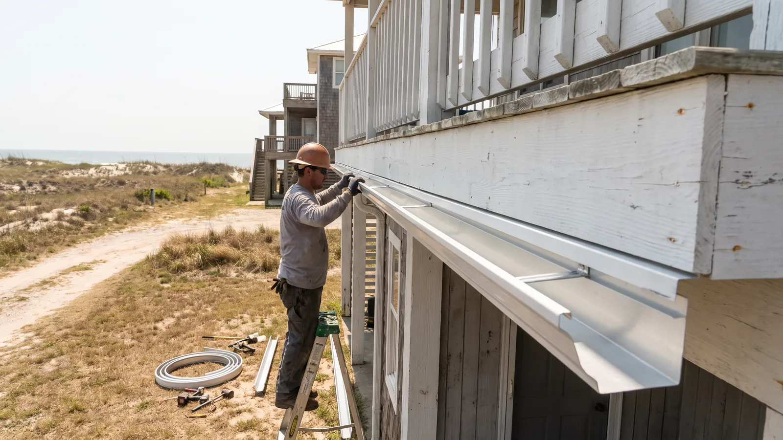 A roofer fitting a run of seamless aluminium guttering along the fascia of a coastal house, downpipe section waiting on the ground