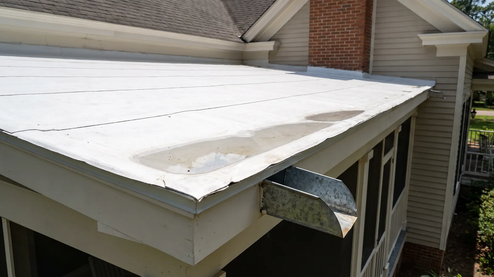 A white TPO membrane flat roof over a low-slope porch addition on a Mississippi home, heat-welded seams and a scupper at the edge